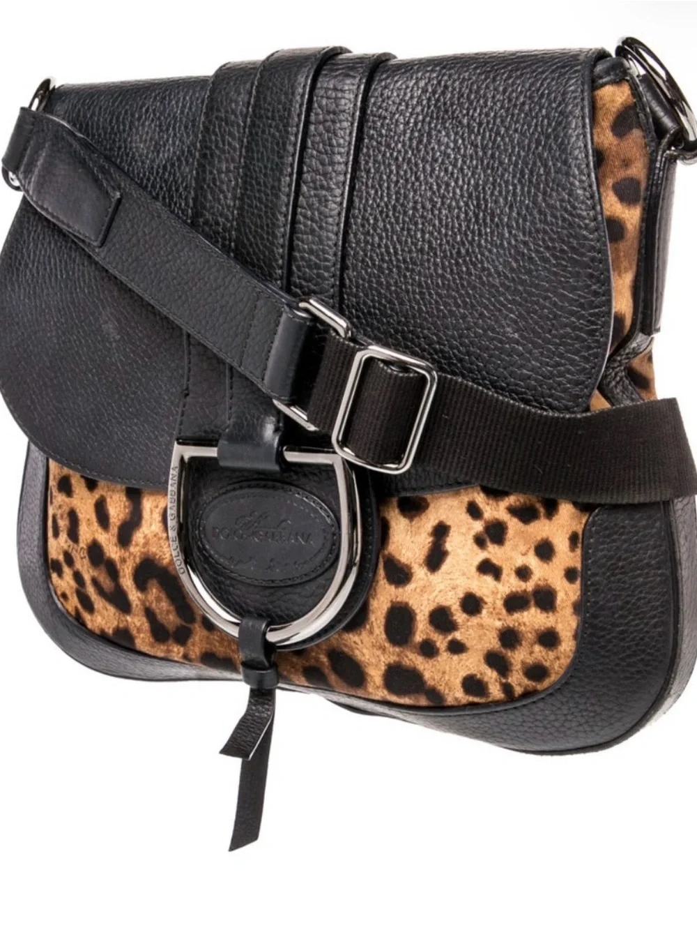 Dolce & Gabbana Black Leather Crossbody with Leopard Print Panel